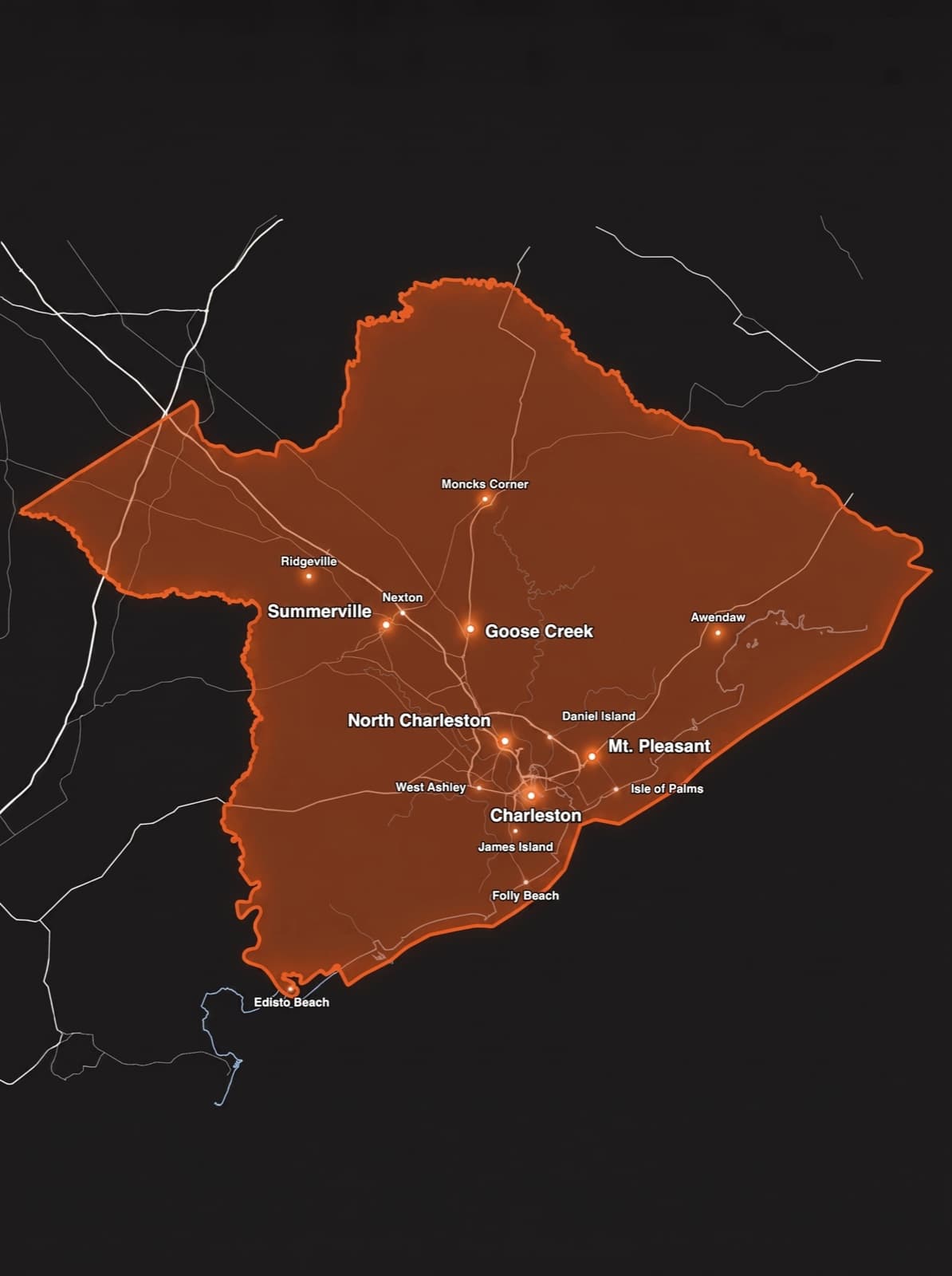 Map of Boda Studios' Charleston-area service region, from Charleston and its boroughs up through Summerville, Nexton, and Goose Creek, north to I-95